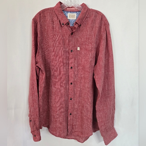 Scotch & Soda Red Linen Flip Up Cuffs Fall Shirt Size L - Picture 2 of 10